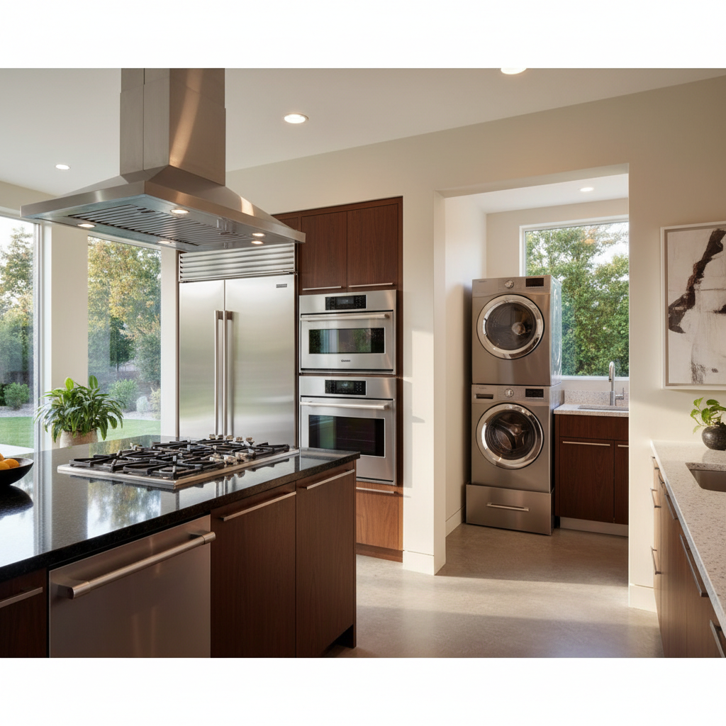 Premium household appliances in a luxury kitchen and laundry space