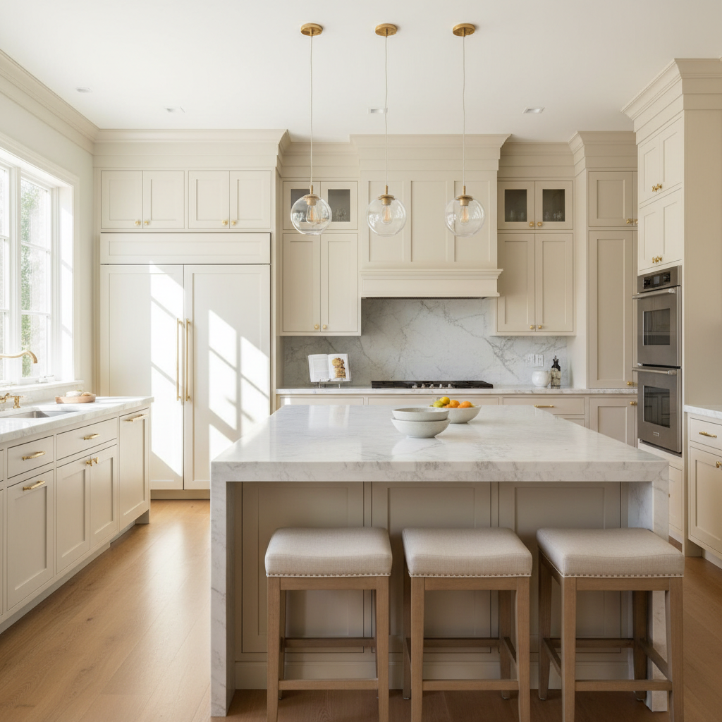 Upscale kitchen with integrated refrigerator and wall oven